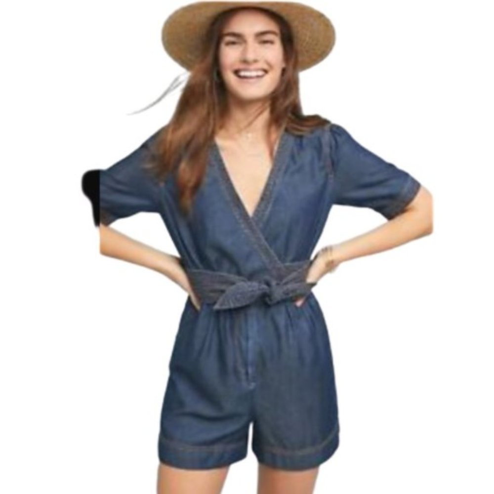 Anthropologie Denim Blue Wrap Romper Shorts